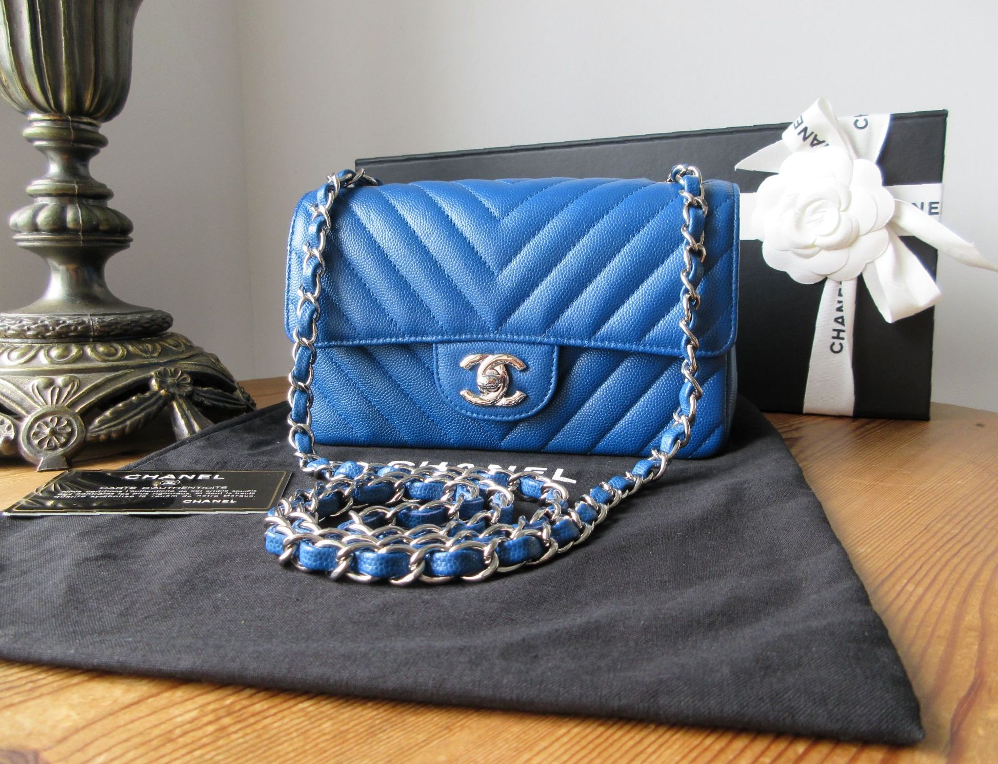 Chanel Chevron Quilted Rectangular Mini Flap Bag in Blue Caviar with Shiny 