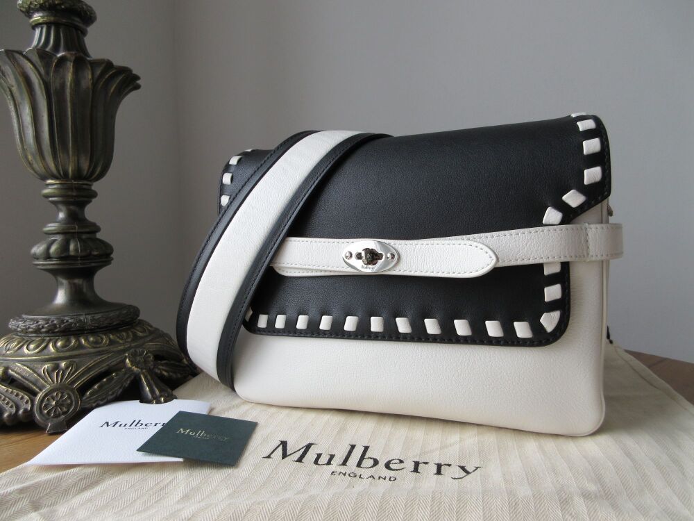 Mulberry Belted Bayswater Satchel in Black & White Monochrome Whipstitch Silky Calf
