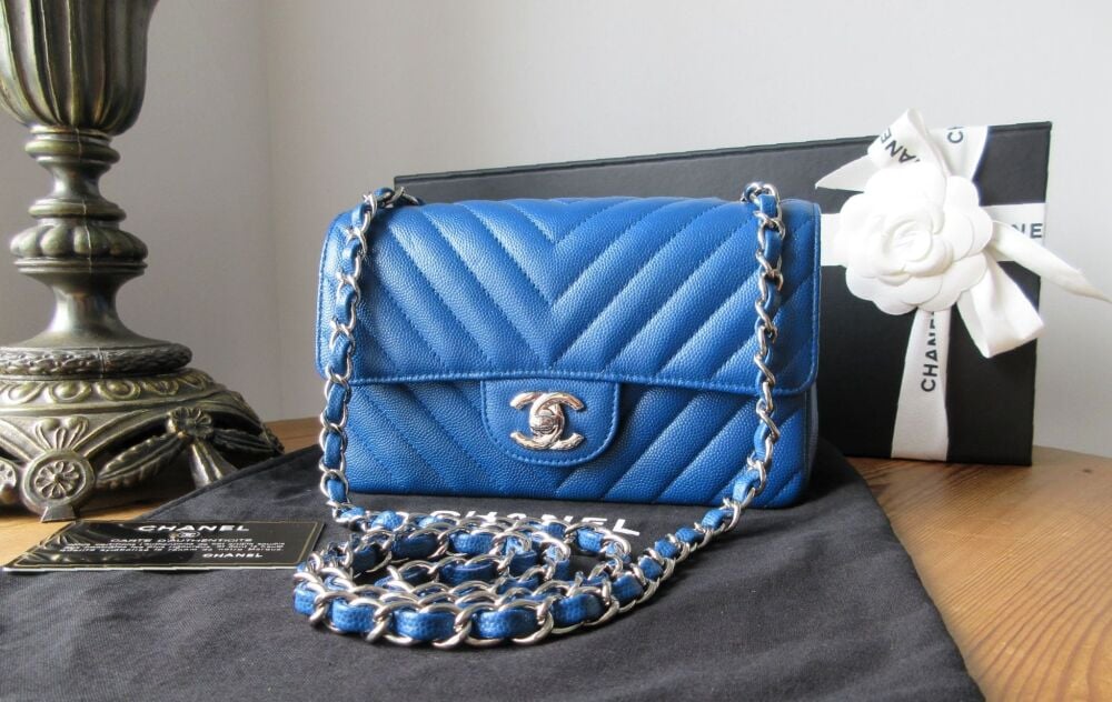 Chanel Chevron Quilted Rectangular Mini Flap Bag in Blue Caviar with Shiny 