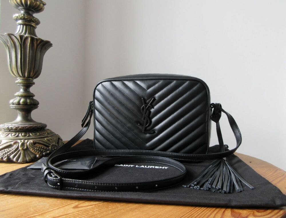 Saint Laurent YSL All Black Tassel Lou Medium Camera Bag in Black Matelass&eacute;