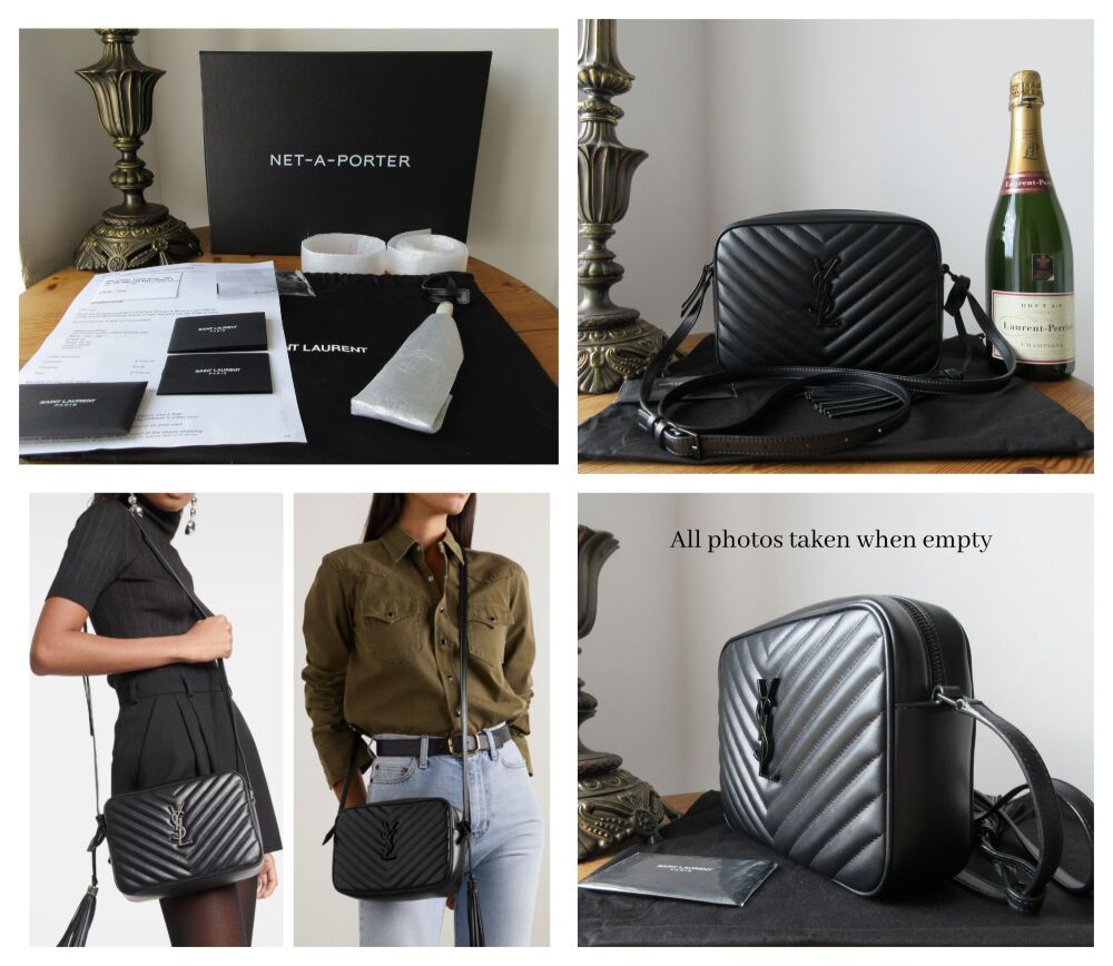 Saint Laurent YSL All Black Tassel Lou Medium Camera Bag in Black Matelassé Calfskin