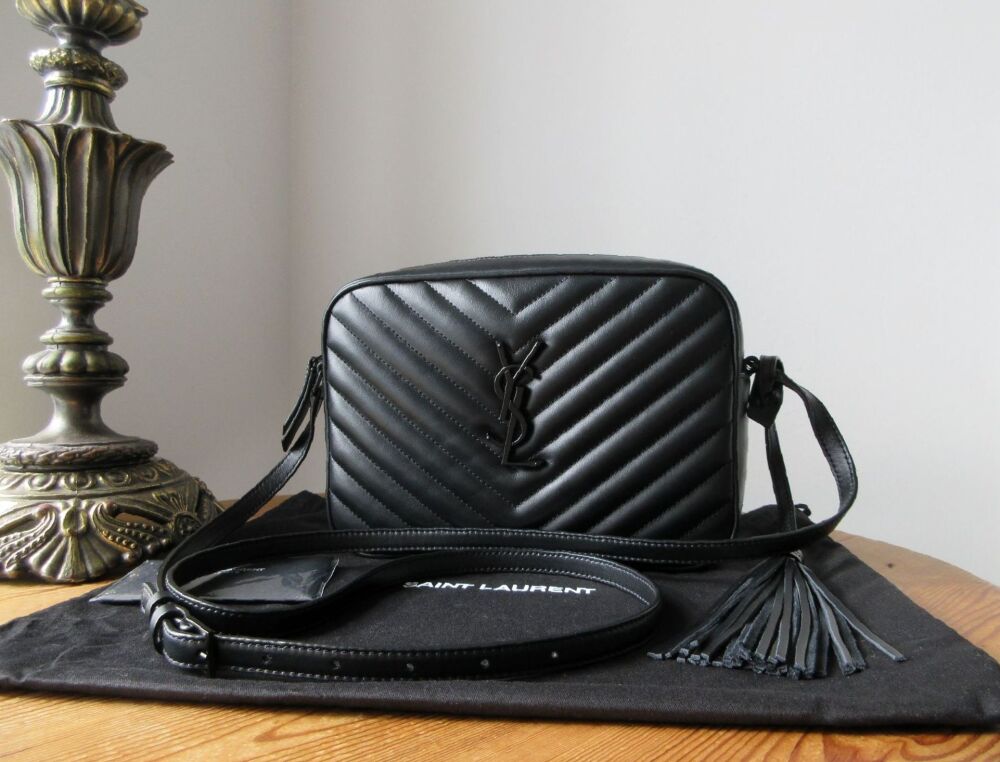 Saint Laurent YSL All Black Tassel Lou Medium Camera Bag in Black Matelassé Calfskin