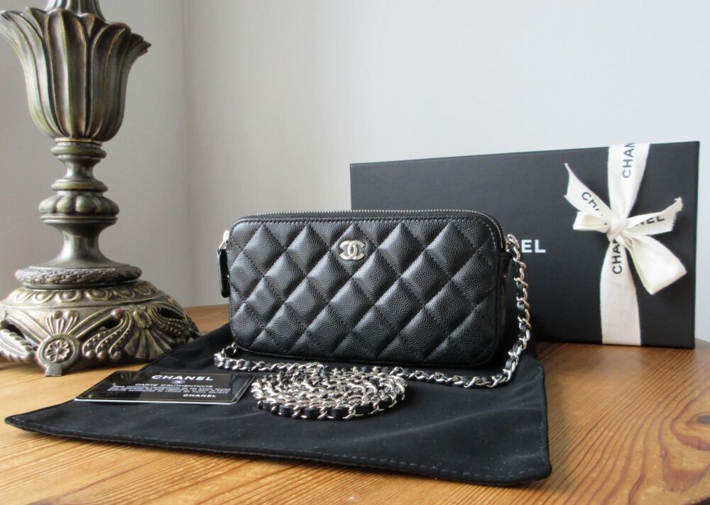 Chanel Twin Zipped Pochette Wallet on Chain in Black Caviar with Silver Ha