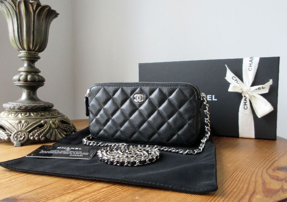 Chanel Twin Zipped Pochette Wallet on Chain in Black Caviar with Silver Hardware