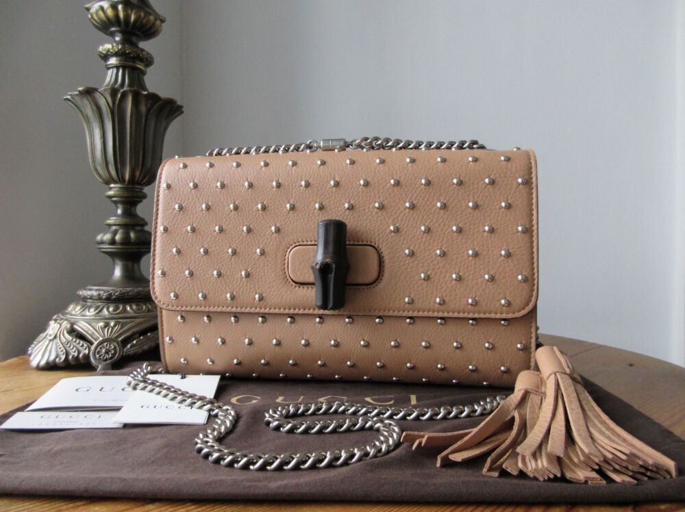 Gucci Studded Miss Bamboo Medium Sized Shoulder Bag in Warm Beige Calfskin
