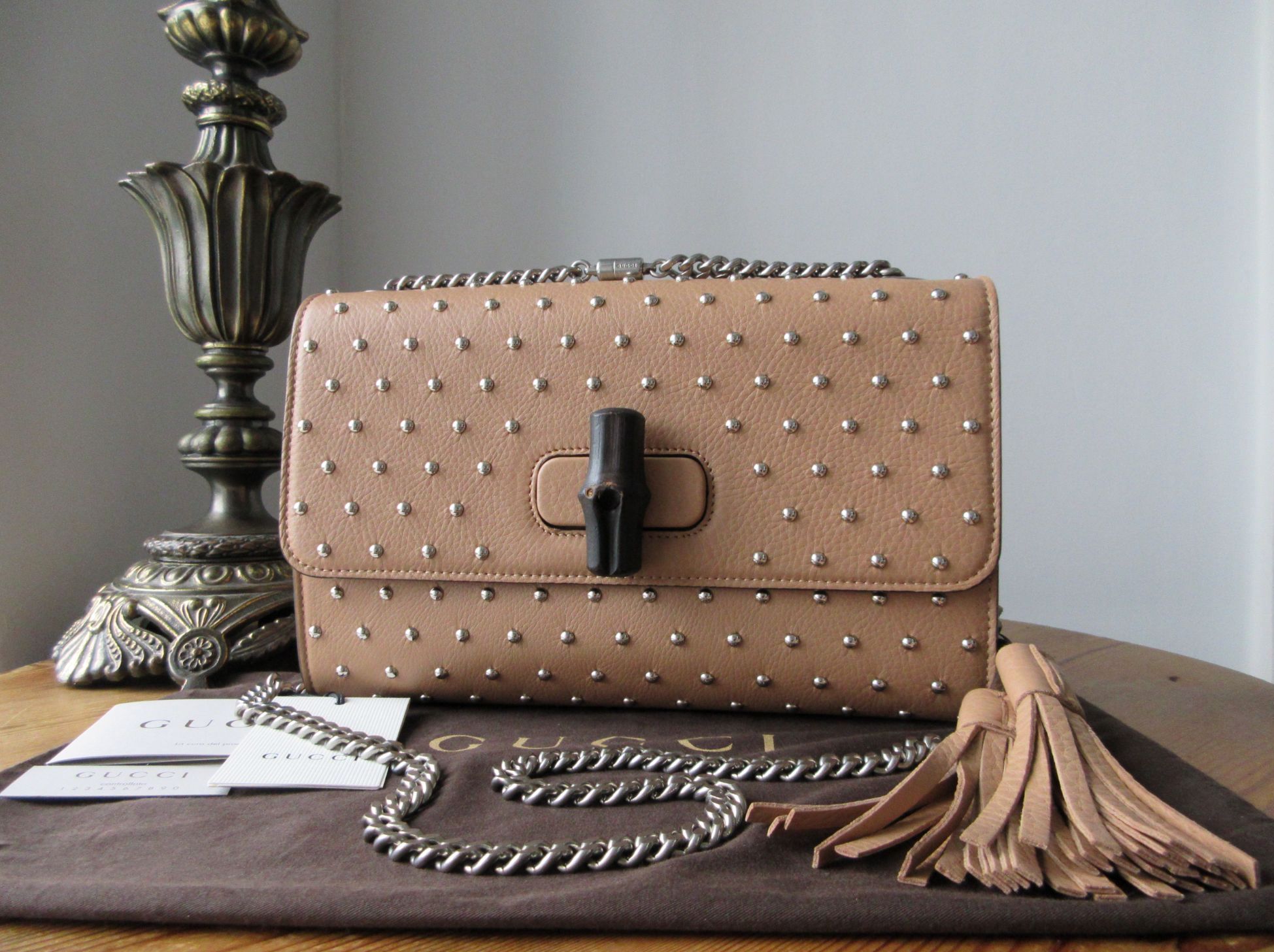 Gucci Studded Miss Bamboo Medium Sized Shoulder Bag in Warm Beige Calfskin 