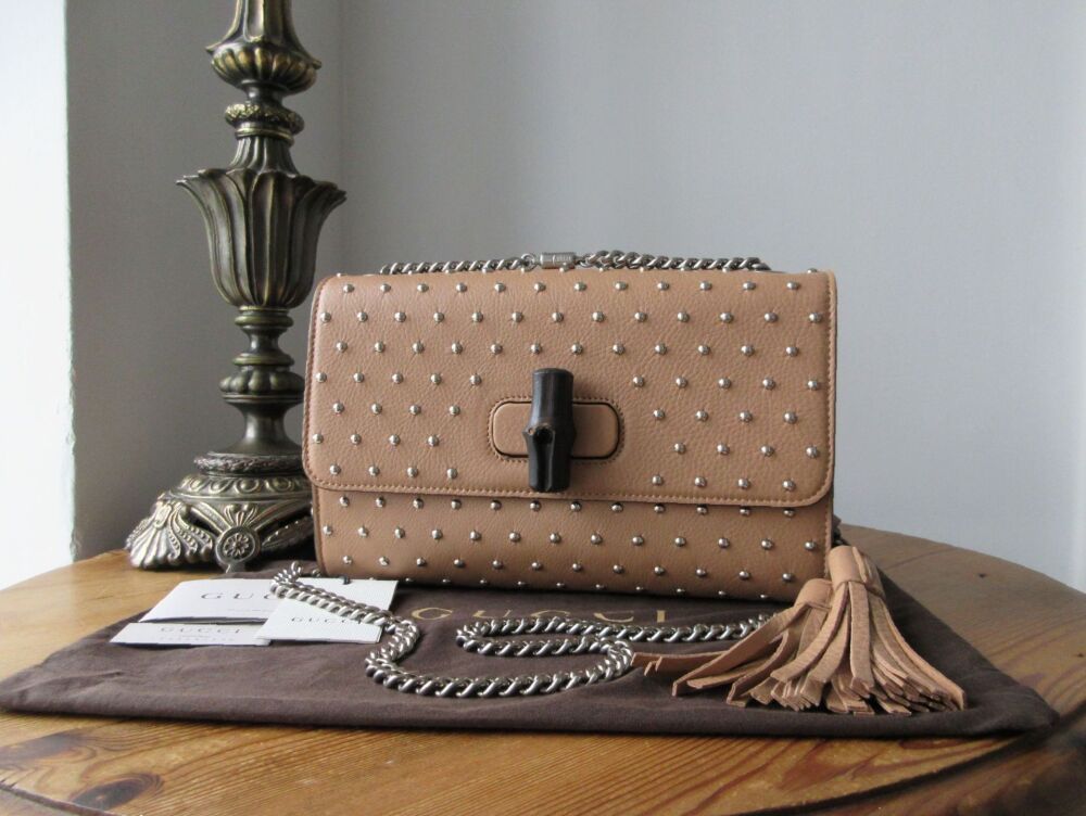 Gucci Studded Miss Bamboo Medium Sized Shoulder Bag in Taupe Calfskin