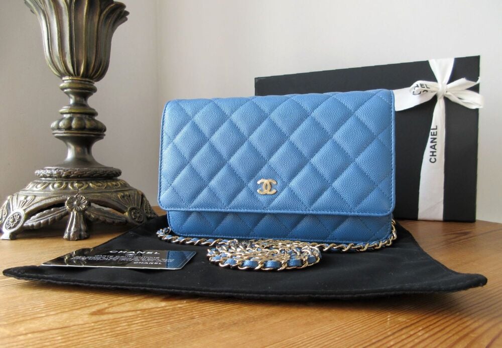 Chanel Classic Wallet on Chain WoC in Blue Jean Caviar with Champagne Gold