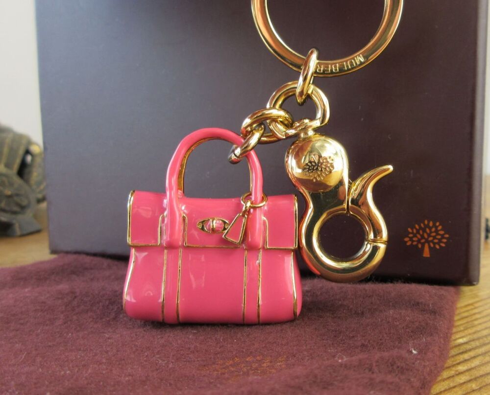 Mulberry Mini Bayswater Keyring Bag Charm in Lipstick Pink Enamel with Shin