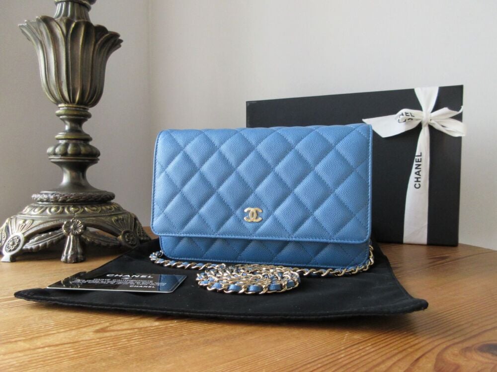 Chanel Classic Wallet on Chain WoC in Blue Jean Quilted Caviar