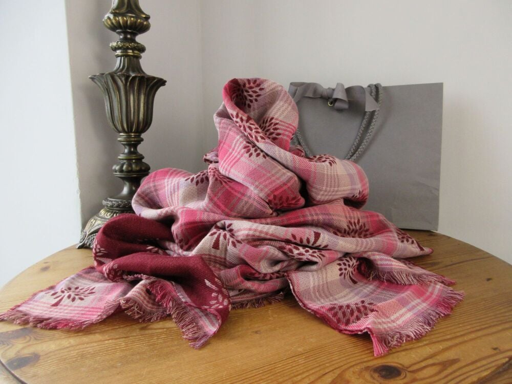 Mulberry Heritage Check & Tree Large Reversible Shawl Scarf Wrap in Burgundy Ancient Tartan