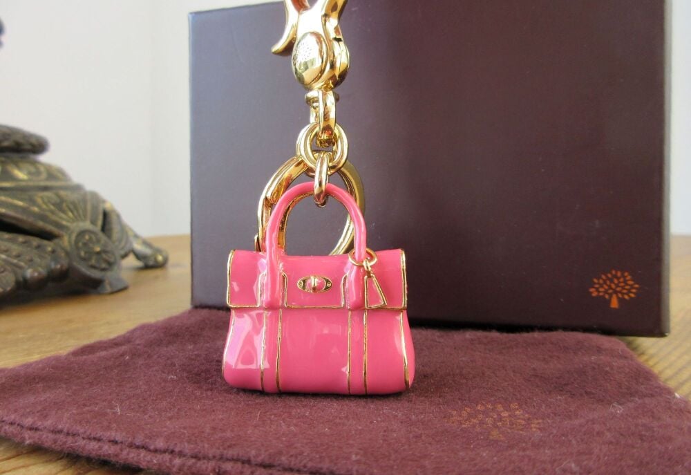 Mulberry Mini Bayswater Keyring Bag Charm in Lipstick Pink Enamel with Shiny Gold Hardware