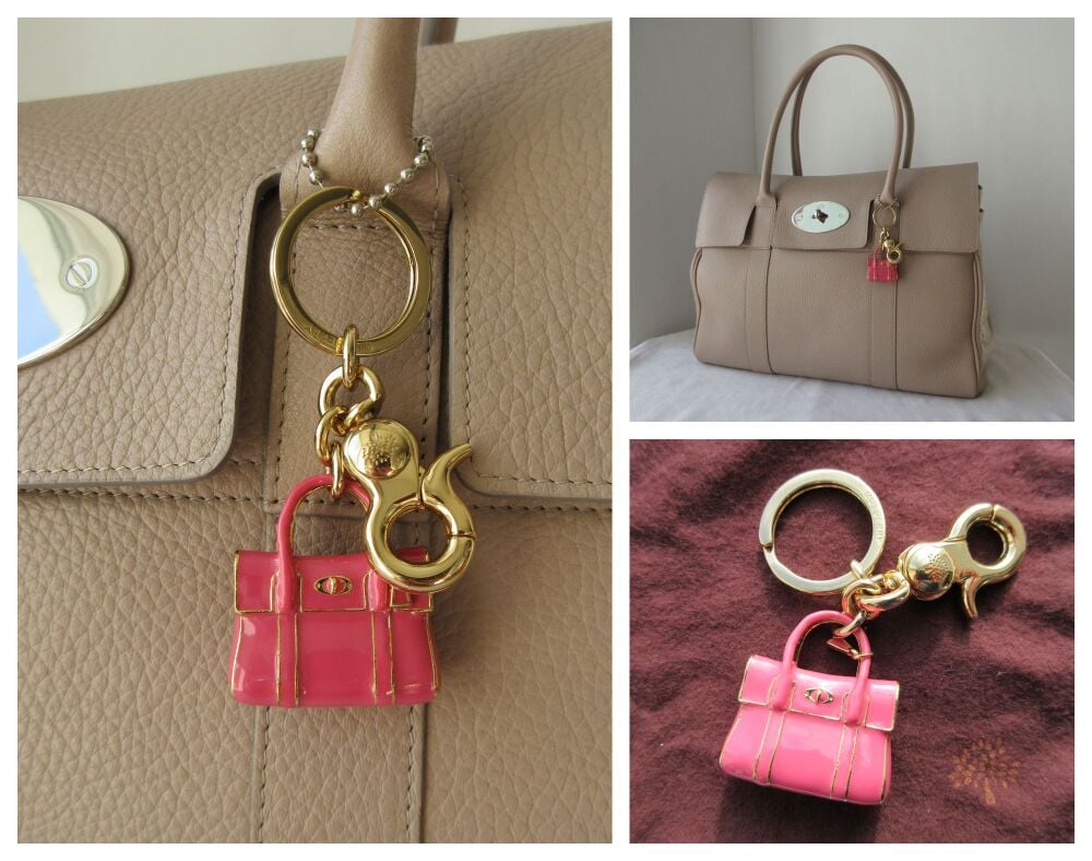 Mulberry Mini Bayswater Keyring Bag Charm in Lipstick Pink Enamel with Shiny Gold Hardware