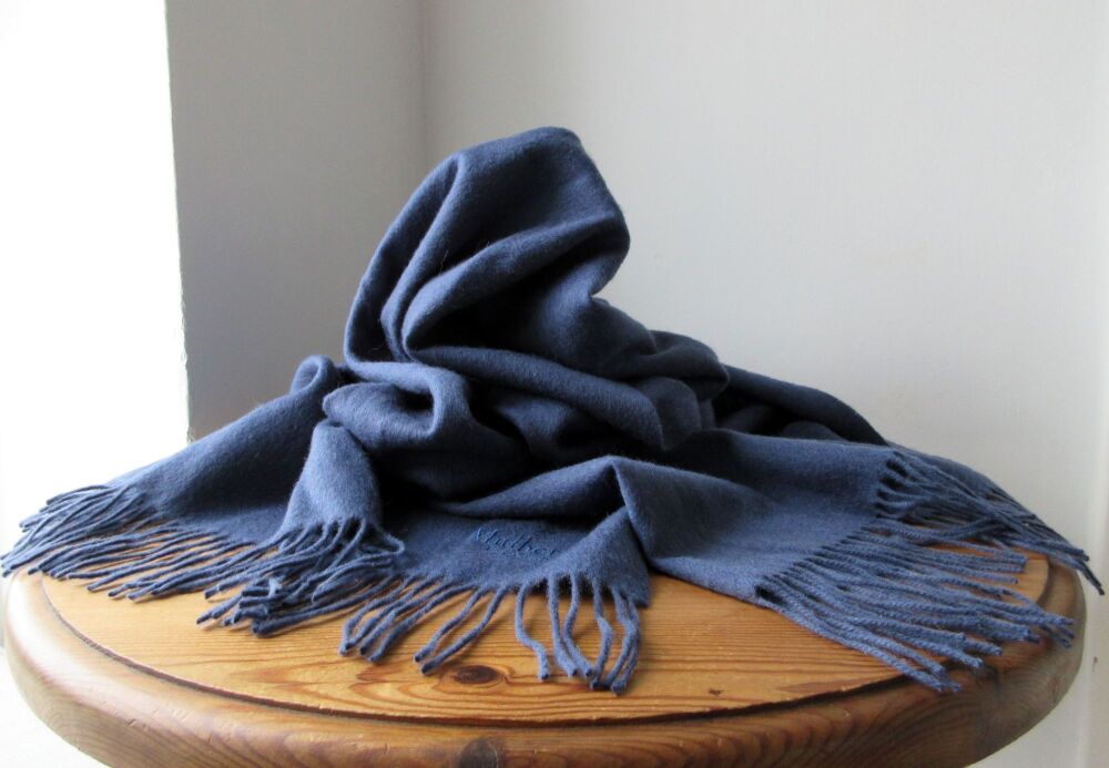 Mulberry Large Winter Fringed Wrap Stole Scarf in Nightfall Blue Lambswool