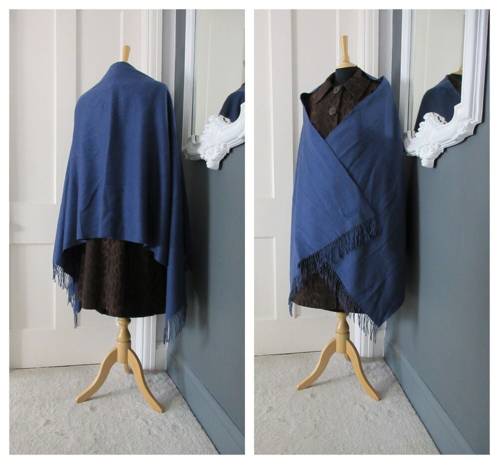 Mulberry Large Fringed Winter Scarf Wrap in Nightfall Blue 100% Lambswool