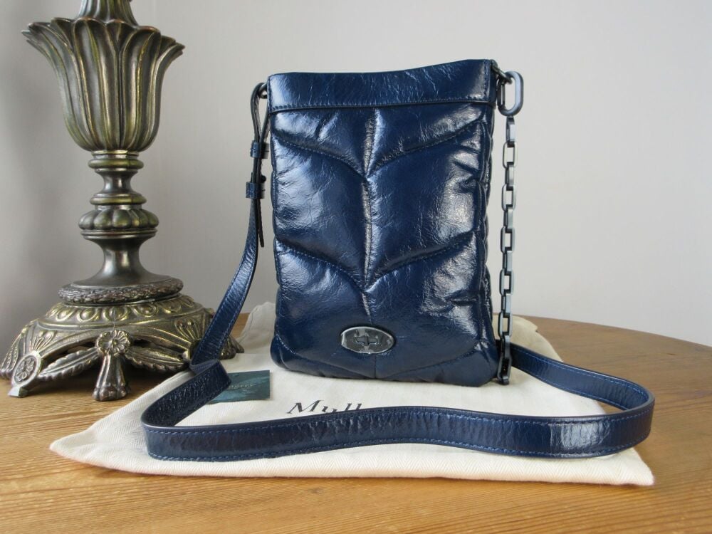 Mulberry Softie Cross Body Phone Pouch in Sapphire Blue Quilted Pillo Nappa Glossy Leather