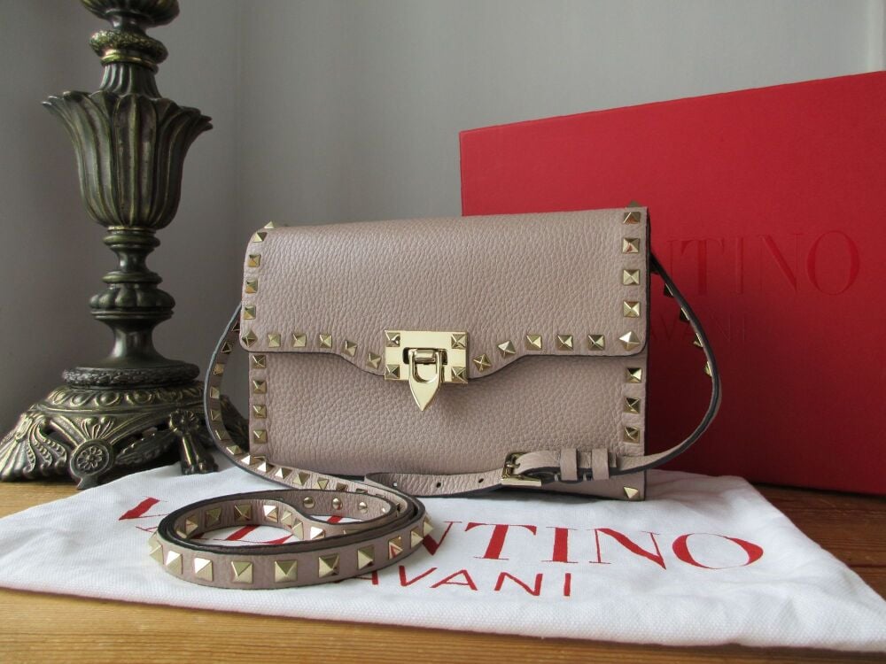 Valentino Rockstud Small Crossbody Shoulder Clutch in Beige Grainy Calfskin