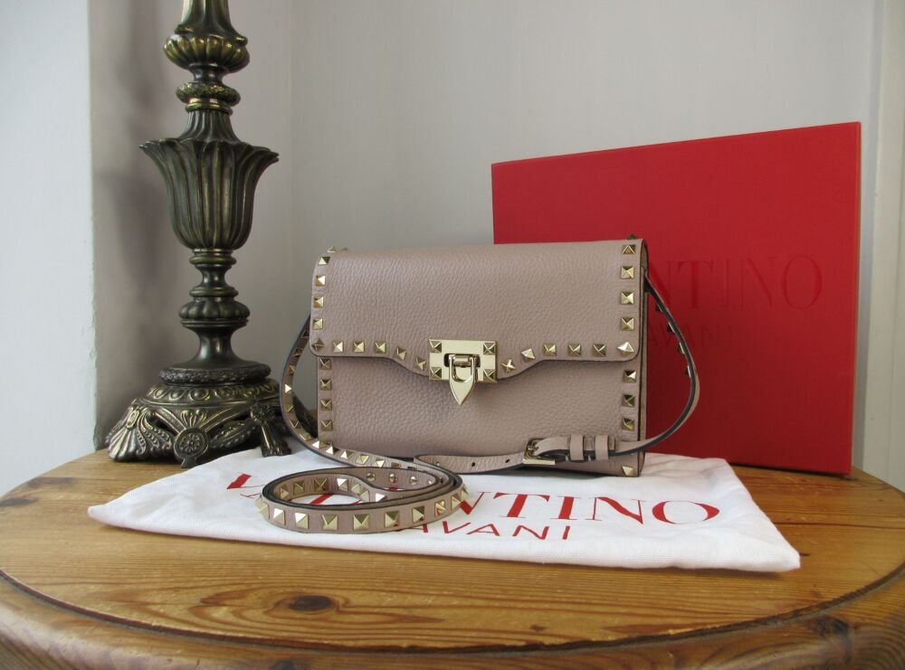 Valentino Rockstud Small Crossbody Shoulder Clutch in Beige Grainy Calfskin