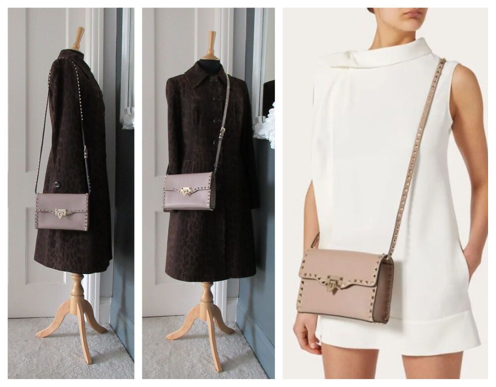 Valentino Rockstud Small Crossbody Shoulder Clutch in Beige Grainy Calfskin