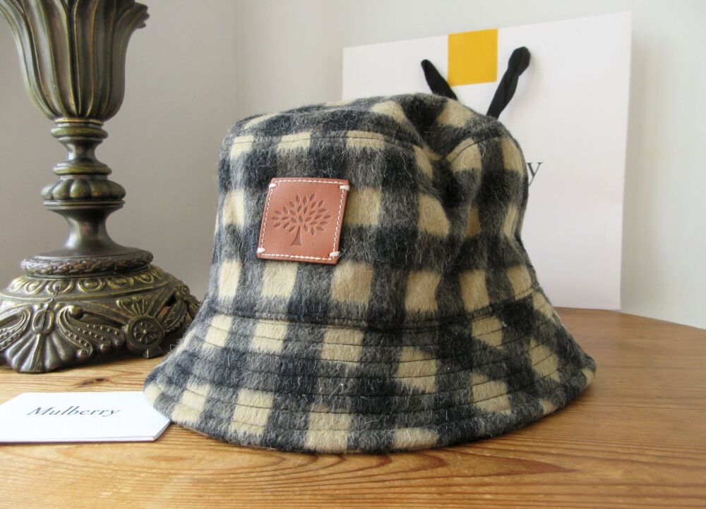 Mulberry Wool Blend Bucket Hat in Maple &amp; Charcoal Check New
