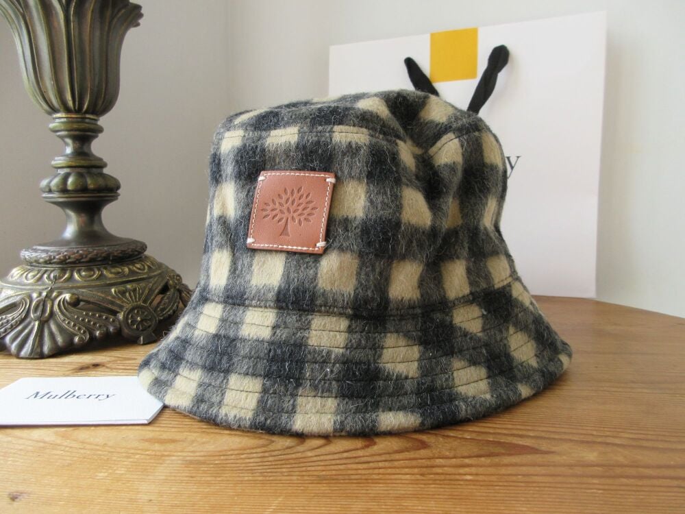 Mulberry Wool Blend Bucket Hat in Maple & Charcoal Check - New