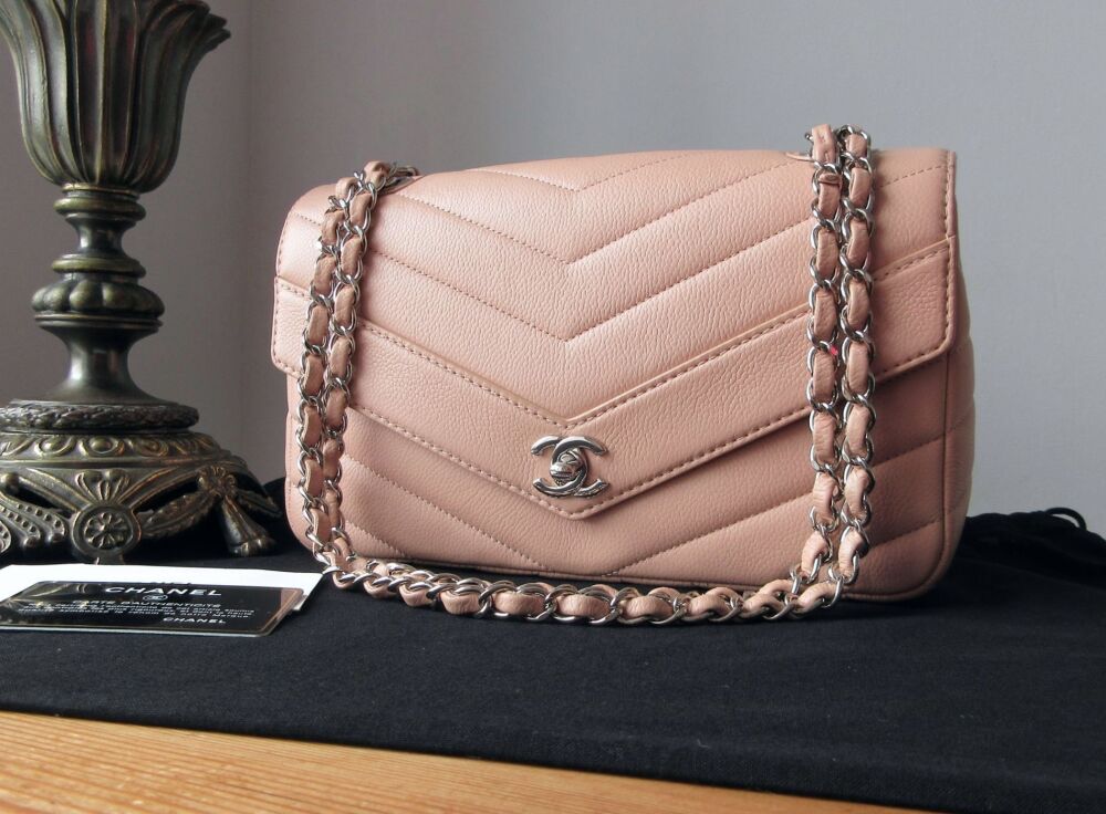 Chanel Chevron Quilted Flap Bag in Pink Grained Calfskin with Shiny Silver
