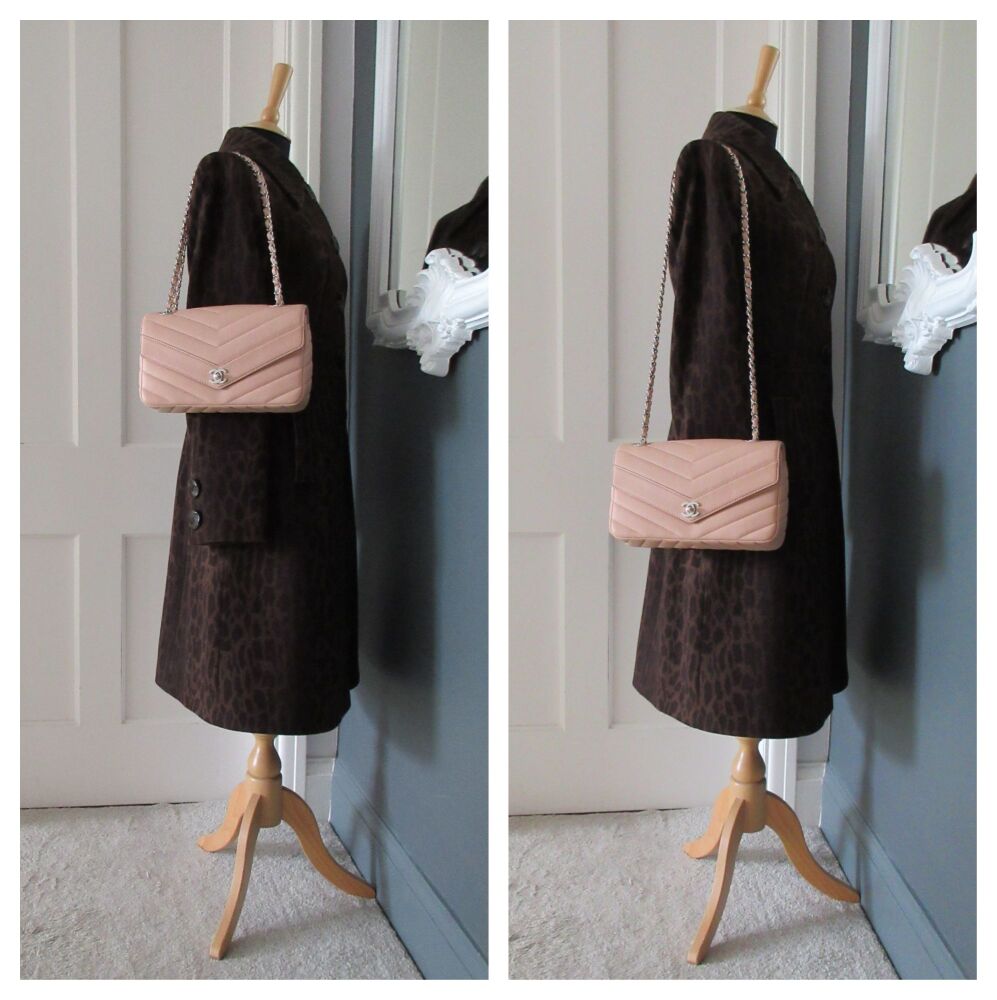 Chanel Chevron Quilted Flap Bag in Pink Grained Calfskin with Shiny Silver Hardware