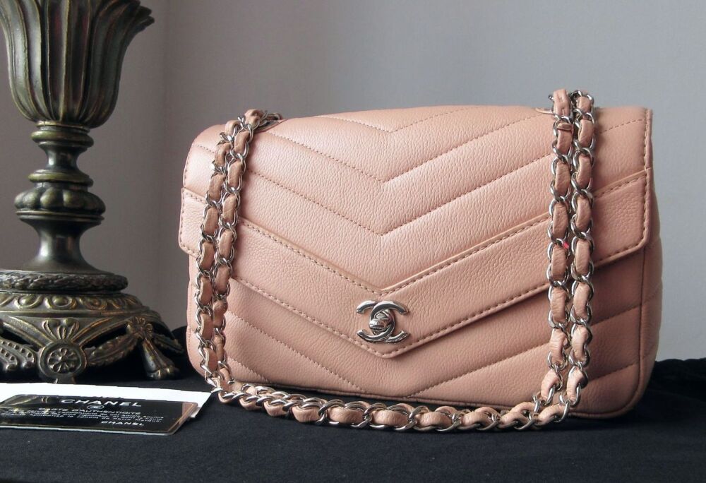 Chanel Chevron Quilted Flap Bag in Pink Grained Calfskin with Shiny Silver Hardware