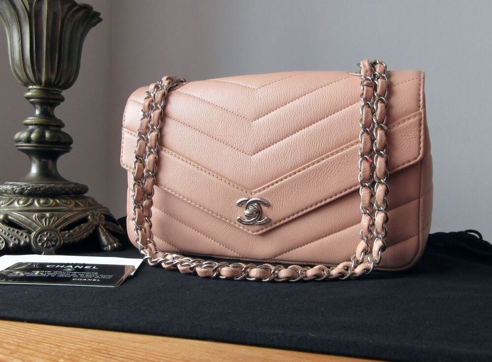 Chanel Chevron Quilted Flap Bag in Pink Grained Calfskin with Shiny Silver 