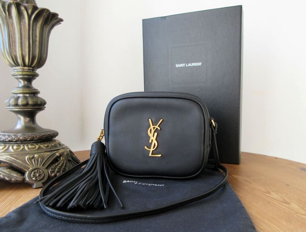 Saint Laurent YSL Blogger Mini Tassle Bag in Black Calfskin with Shiny Gold Hardware