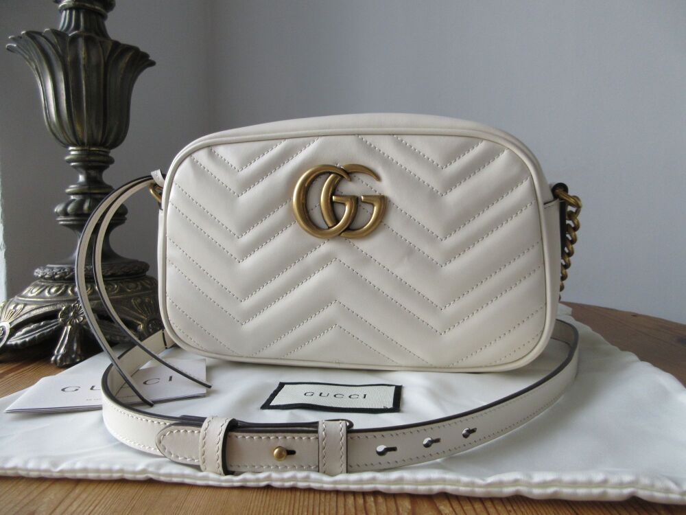 Gucci GG Marmont Small Camera Bag in Mystic White Matelasse Calfskin New