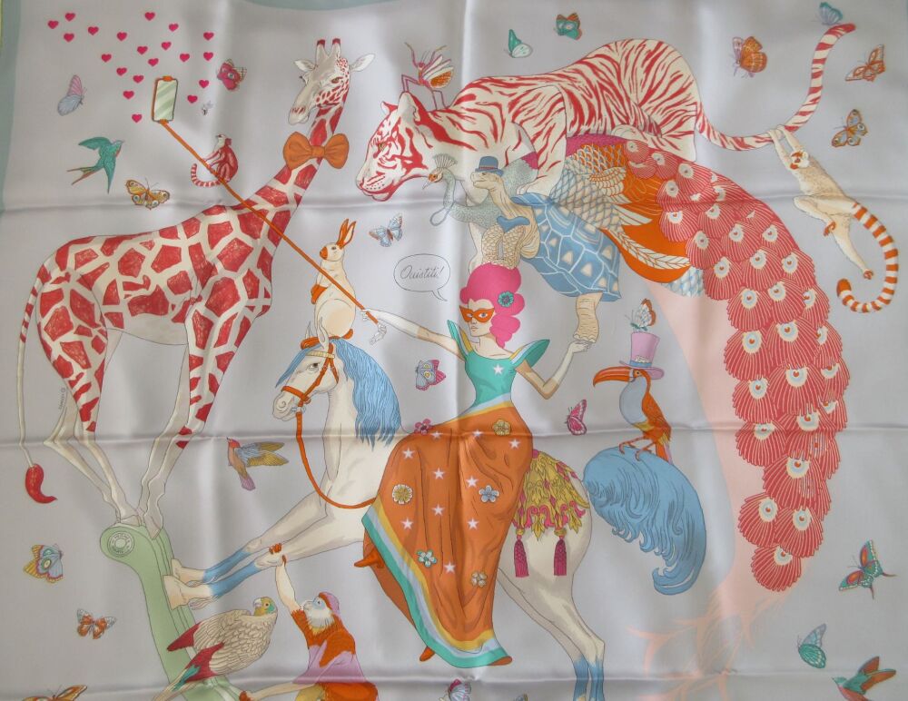 Herm&egrave;s Story Carr&eacute; Square Scarf 90cm in Bleu Glacier, Rose, Multicolor 100%