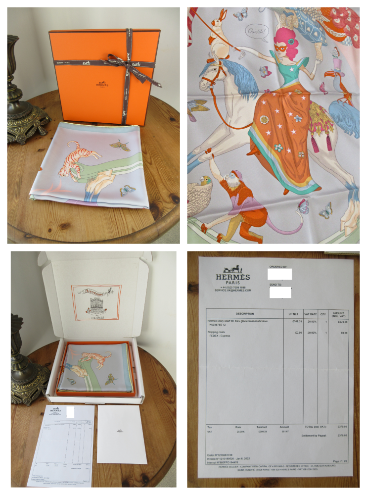 Hermès Story Carré Square Scarf 90cm in Bleu Glacier, Rose, Multicolor 100% Silk Twill - As New