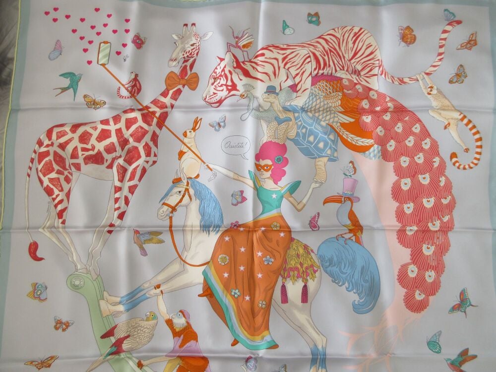 Hermès Story Carré Square Scarf 90cm in Bleu Glacier, Rose, Multicolor 100% Silk Twill - As New