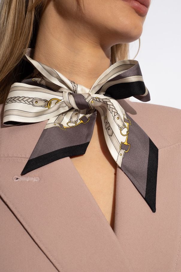 Gucci Equestrian Printed Bandeau Silk Twilly Scarf 'Mini Feely' Ribbon in Ivory & Black.