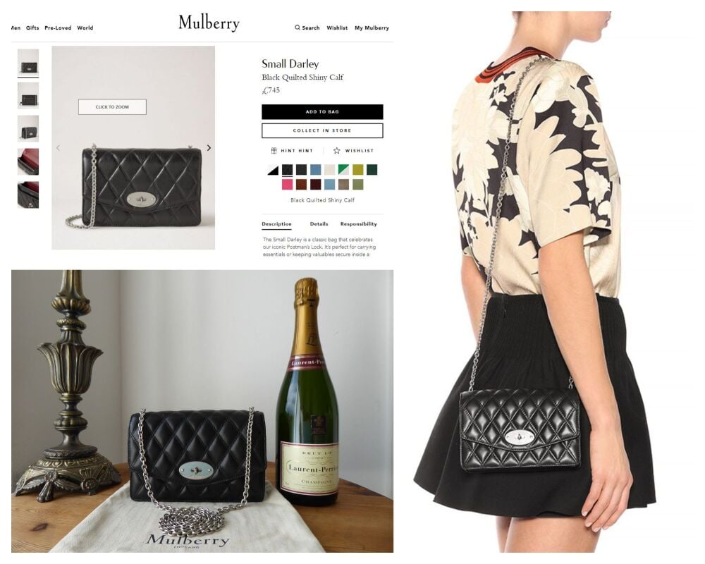 Mulberry Quilted Small Darley Shoulder Clutch in Black Shiny Calf Leather - New