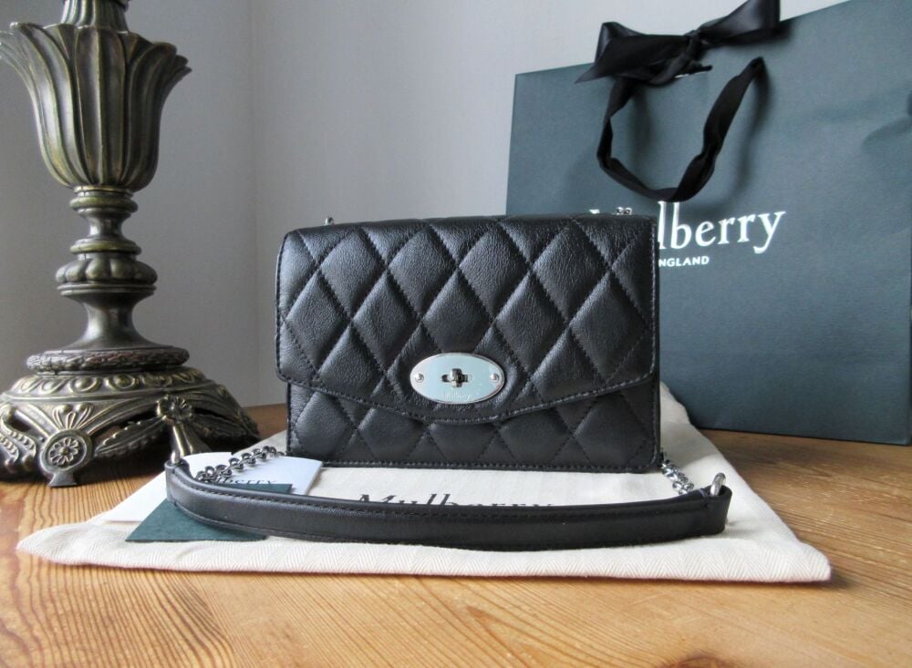 Mulberry Quilted Small Darley Shoulder Clutch in Black Shiny Calf Leather - New