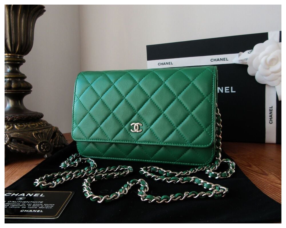 Chanel Classic Wallet on Chain in Emerald Green Caviar with Shiny Silver Hardware