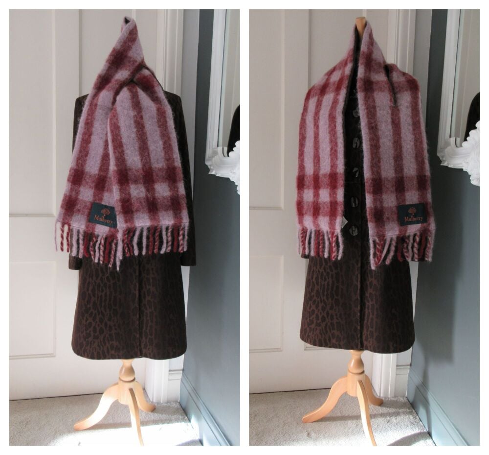 Mulberry Fringed Winter Scarf in Lilac Blossom & Crimson Alpaca, Mohair & Wool Mix