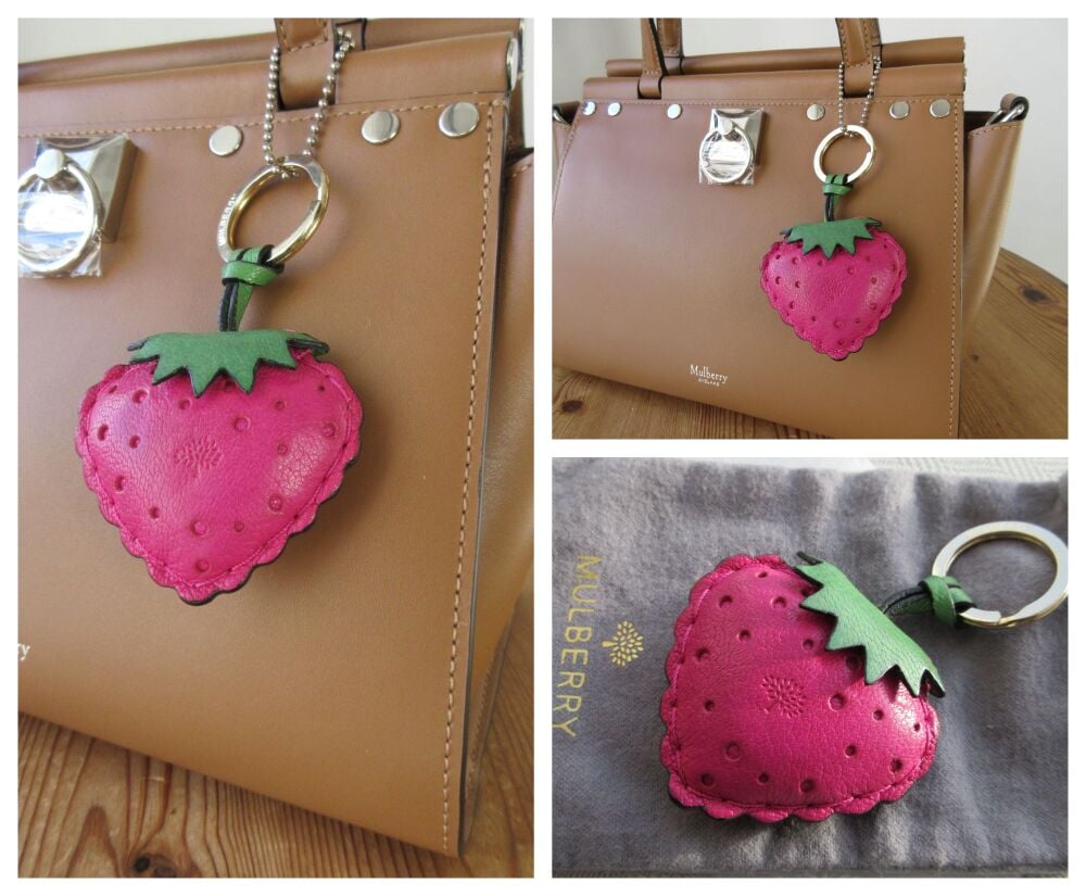 Mulberry Strawberry Keyring Bag Charm in Pink & Green Glossy Goat Leather