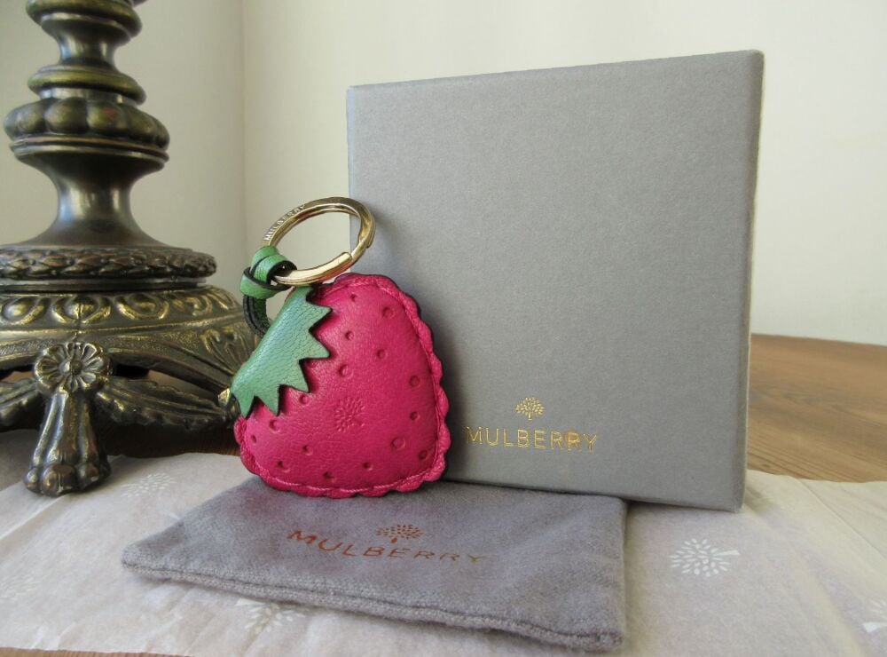 Mulberry Strawberry Keyring Bag Charm in Pink & Green Glossy Goat Leather