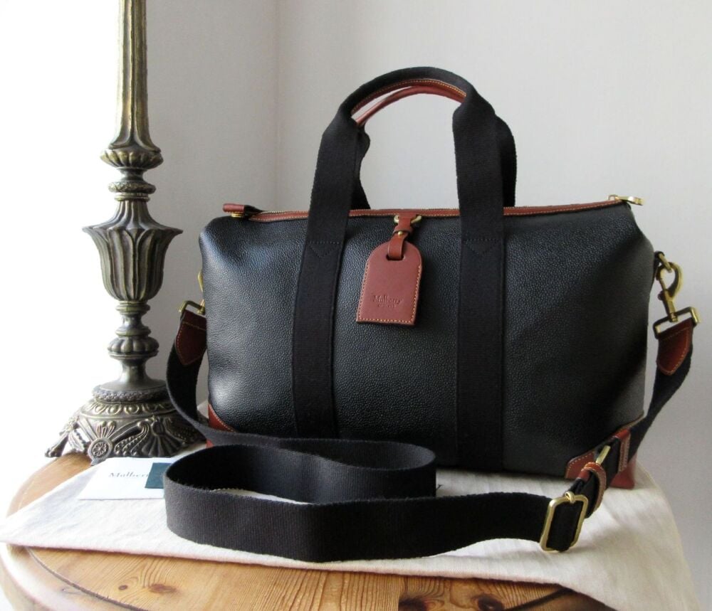 Mulberry Small Clipper Travel Duffle in Black Eco Scotchgrain & Cognac Leather