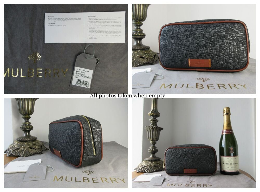 Mulberry Classic Zipped Wash Case Washbag in Black Eco Scotchgrain & Cognac Leather