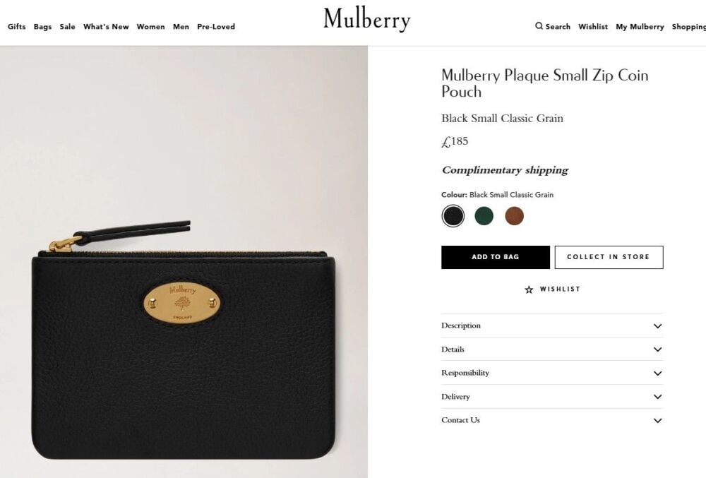 Mulberry Plaque Small Zipped Coin Card Pouch in Black Small Classic Grain