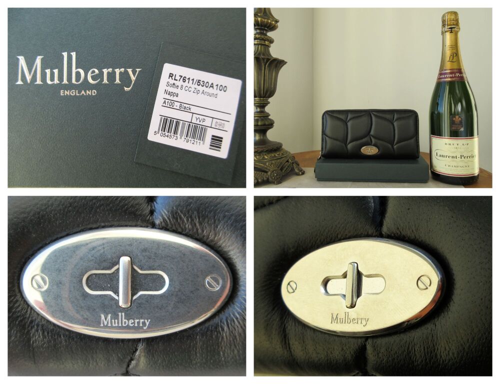 Mulberry Softie Long Zip Around 8 Card Wallet in Black Quilted Calf Nappa