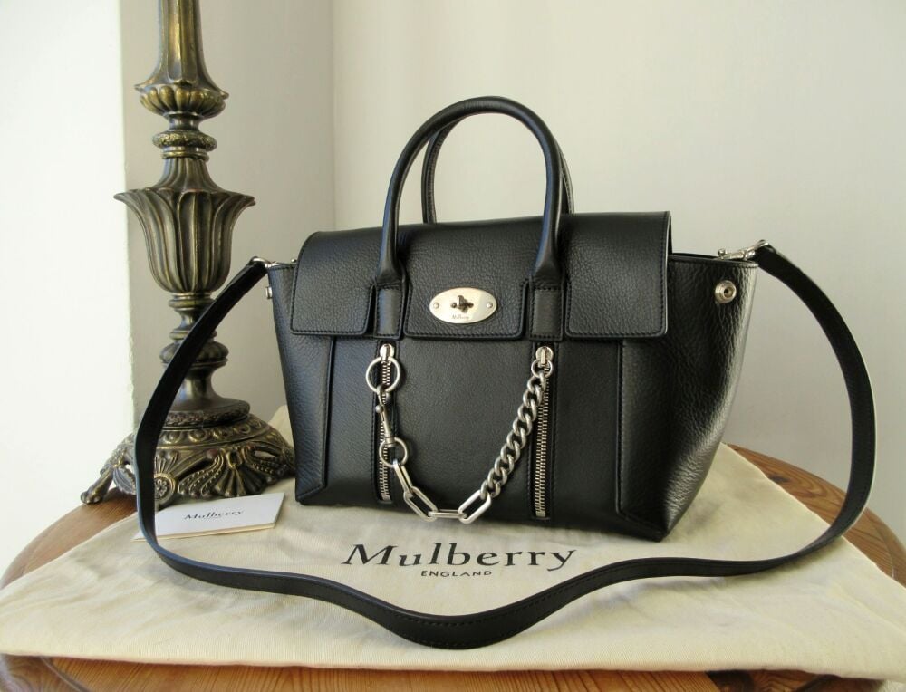 Mulberry Small Coca Bayswater Satchel with Zips and Chain in Black Smooth Calf