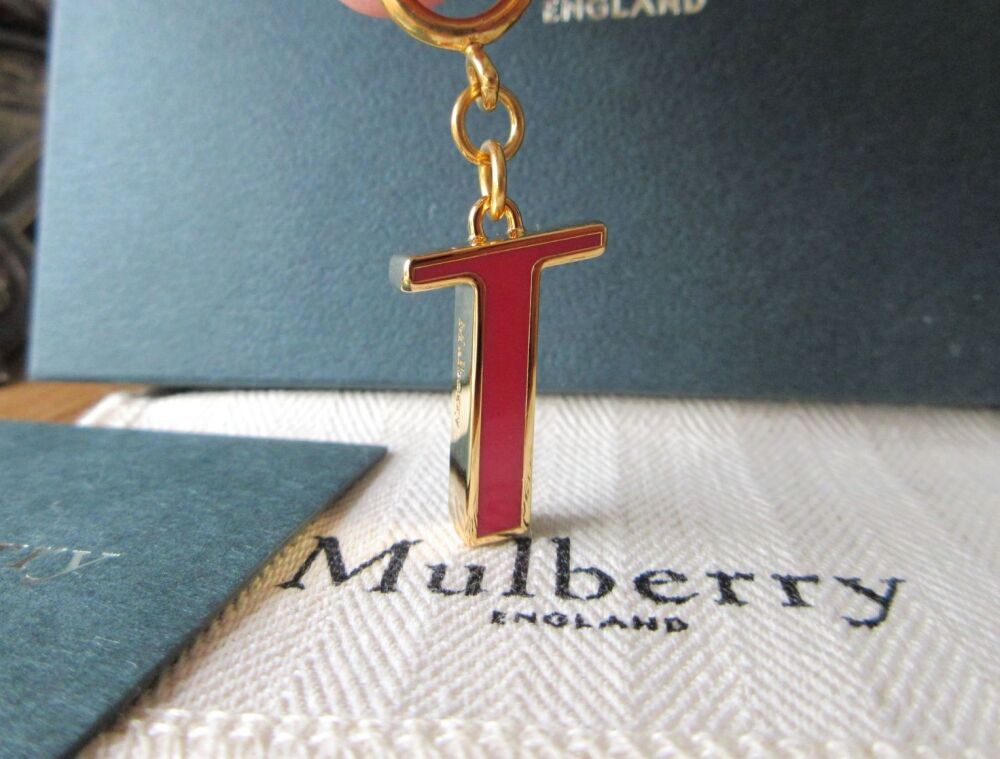 Mulberry Alphabet Bagcharm Letter T in Red Berry Enamel and Shiny Golden Brass - New