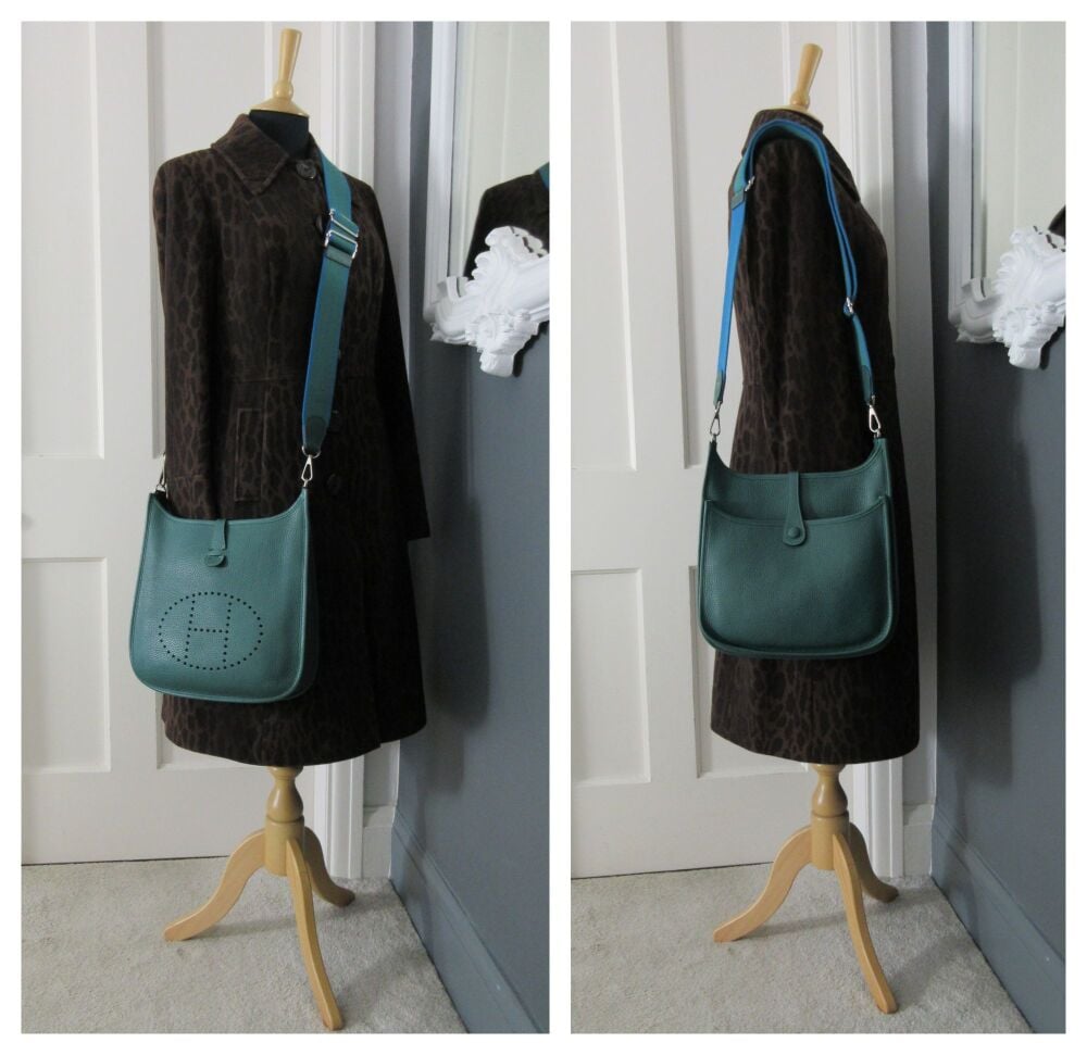 Hermés Evelyne III 29 PM in Malachite Taurillon Clemence with Bicolore Blue Izmir Wooly Strap