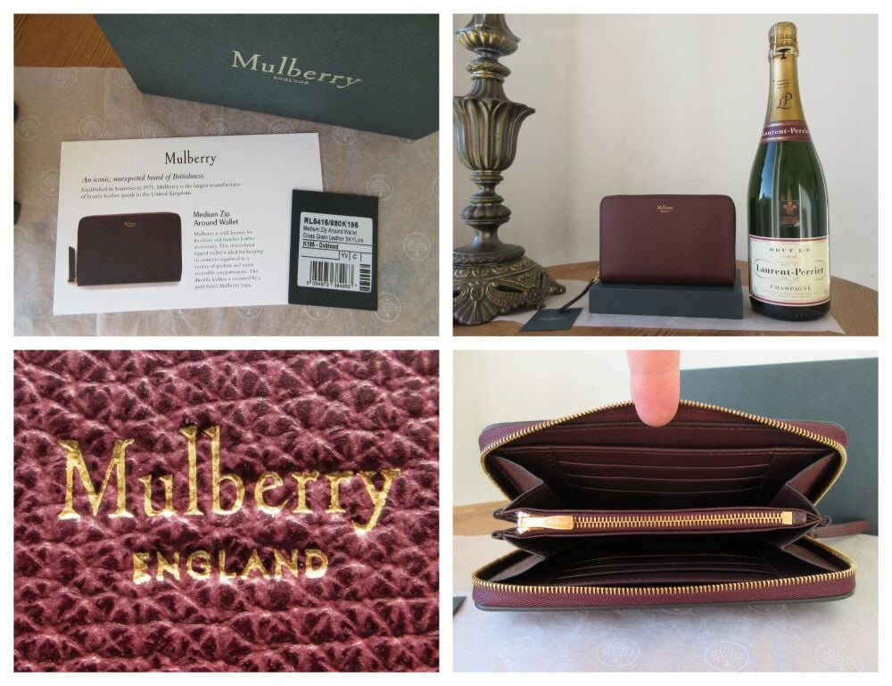 Mulberry Medium Zip Around Wallet in Oxblood Cross Grain Leather - New