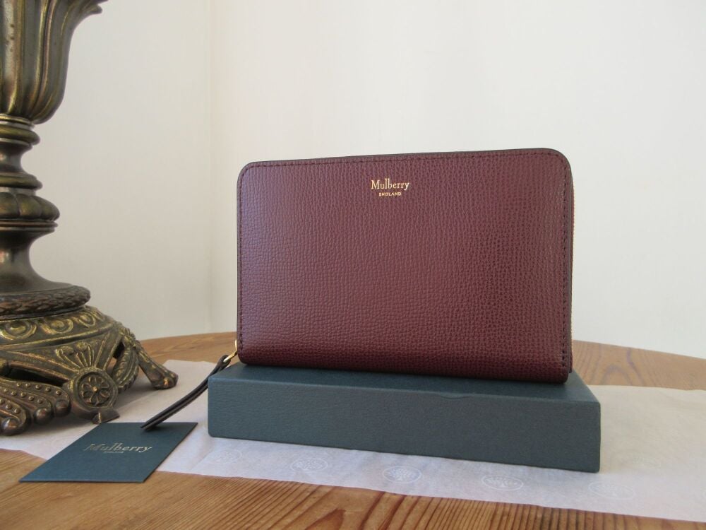 Mulberry Medium Zip Around Wallet in Oxblood Cross Grain Leather - New